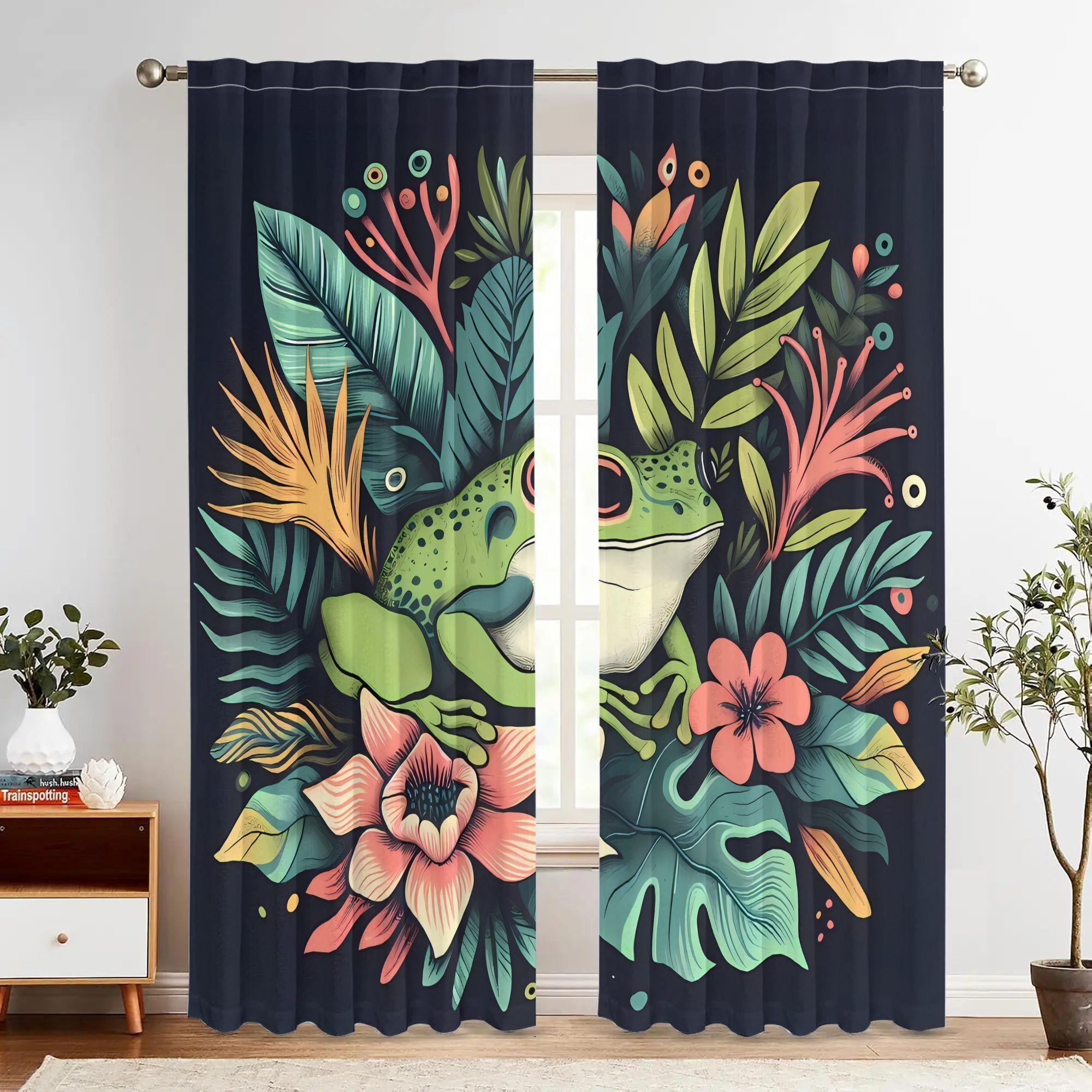 2pcs Tropical Frog & Floral Blackout Curtains - Vibrant Green Frog Design with Colorful Leaves & Flowers, Dark Blue Backgroun 60×150