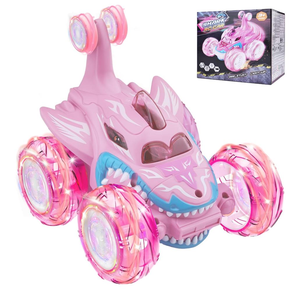Remote Control Stunt Car 360° Flip Toy for Boy RC Car 4WD Cartoon Shark with Light Rotation Off Road Drift 2.4G Kid Toy Gift