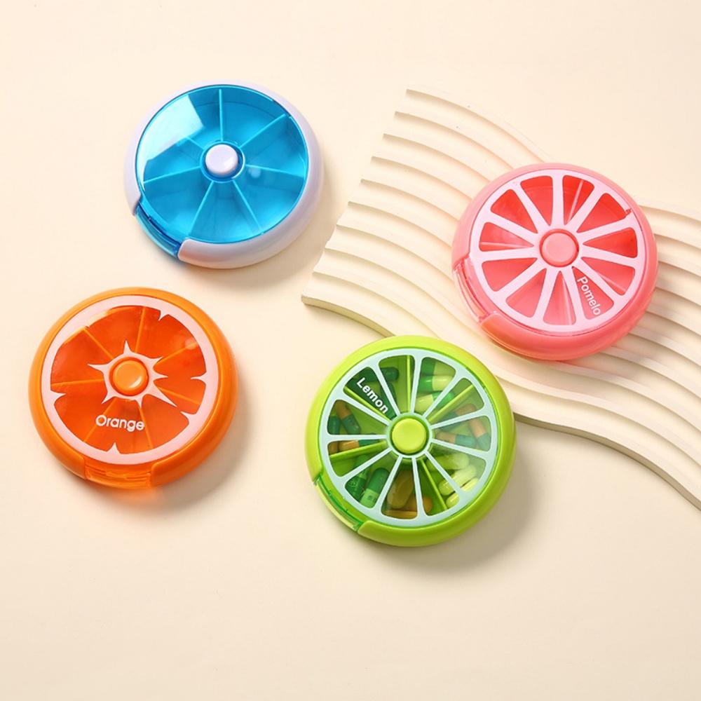 Cute Portable Mini 7 Grids Fruit Shape Pill Box Round Rotating Transparent Medicine Storage Box With Sealed Lid