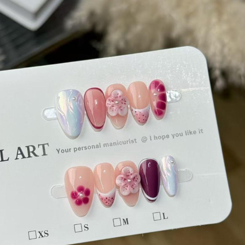 10Pcs Handmade Nude Pink Fake Nails with 3D Cherry Blossom & Pearl Decorations XS