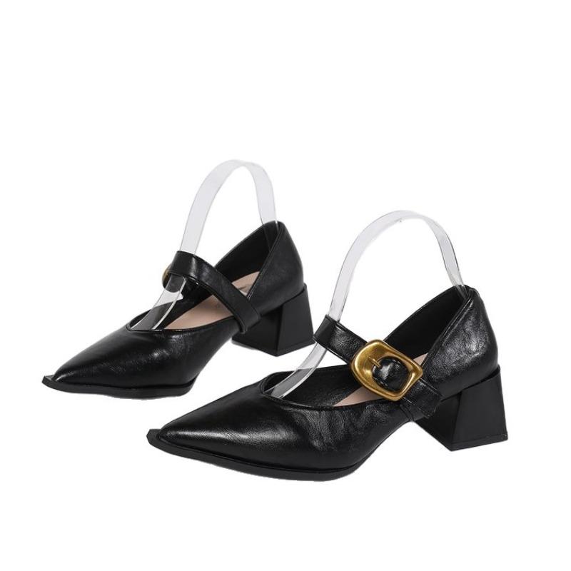 New Chunky Heel One-shoulder Buckle Leather Shoes for Women's Mid-heel Single Shoes