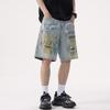 Summer American-style Trendy Graffiti Print Ripped Denim Short Men's Five-point Pants Medium Pants