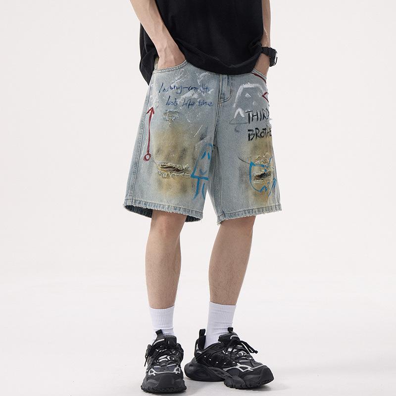 Summer American-style Trendy Graffiti Print Ripped Denim Short Men's Five-point Pants Medium Pants