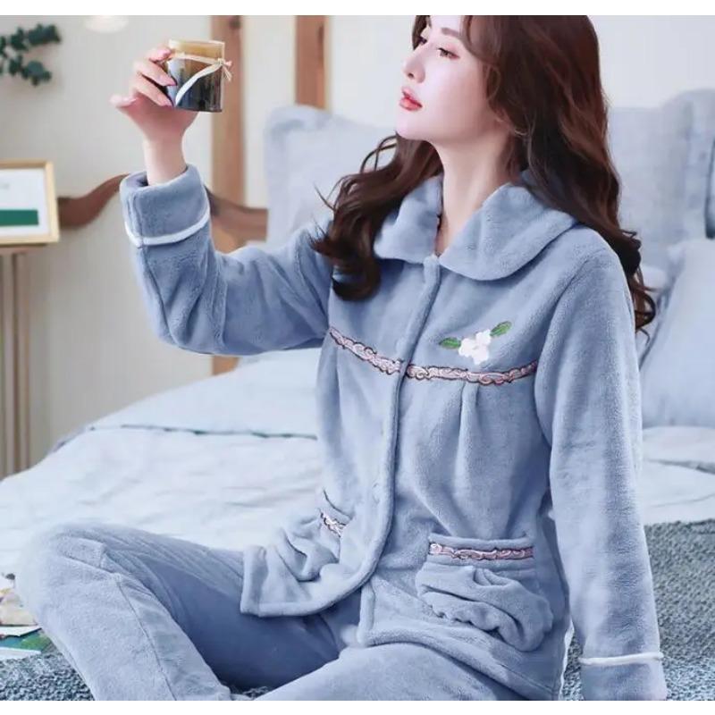 

Толстые осенне-зимние теплые фланелевые женские пижамные комплекты с длинным рукавом пижама для сна фланелевая женская пижама комплект домашняя одежда M