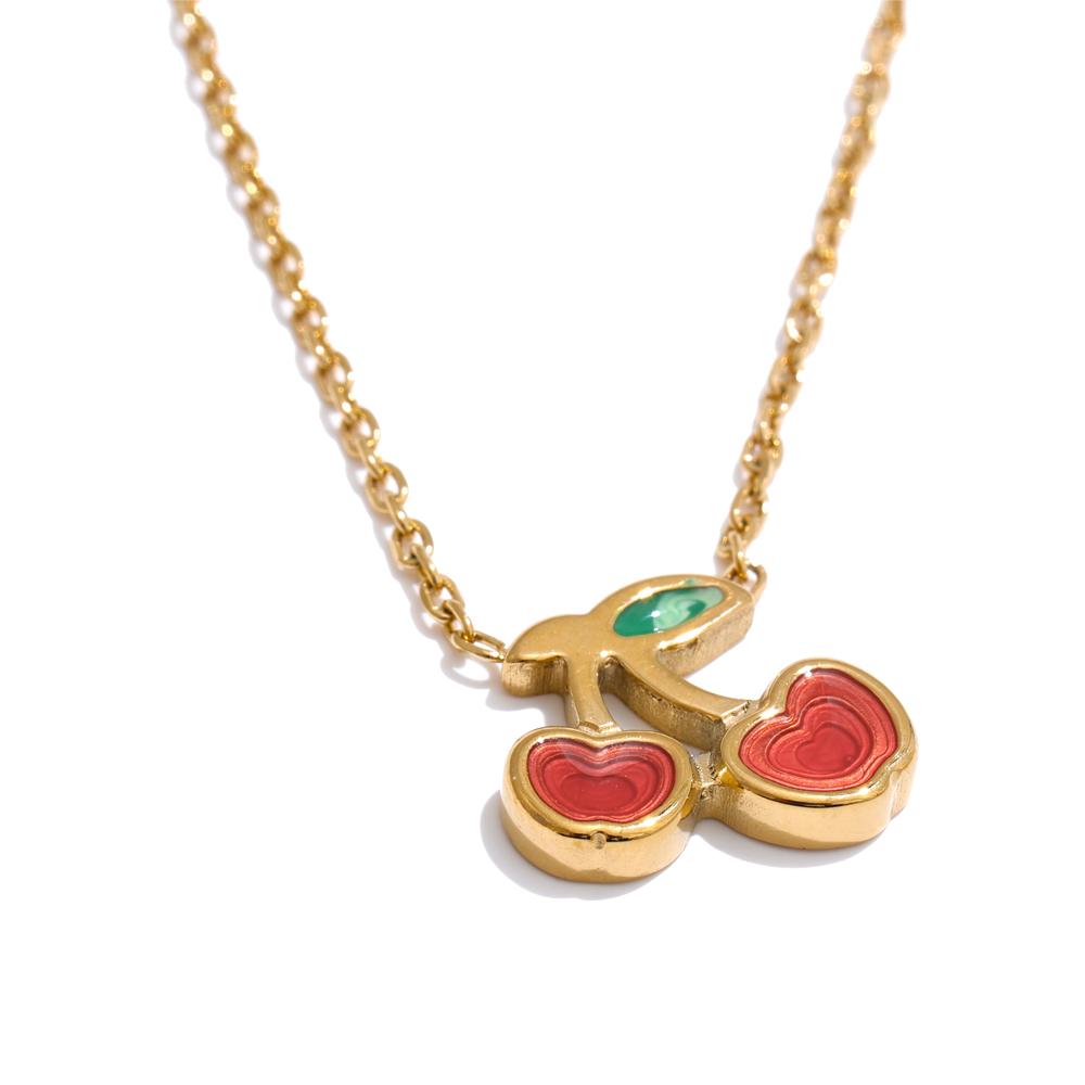 

Yhpup Cherry Pendant Necklace Earrings Set Cute Red Enamel Fruit Jewelry Gift PVD Waterproof Stainless Steel Trendy Accessory