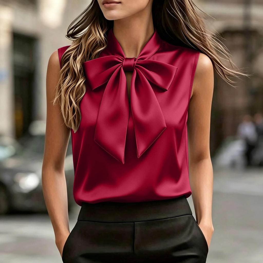 Sleeveless Satin Blouse for Women with Bow Tie Neck Elegant Casual Office Top Soft Fabric Stylish Fit Suitable for Various Occasions
