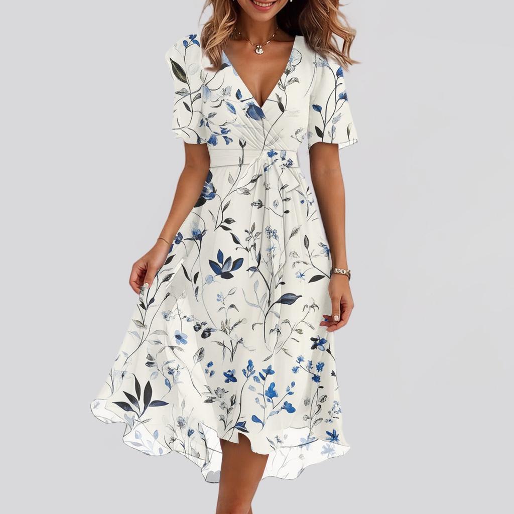 Women's Fashion Casual V Neck Short Sleeve Ruffled Vintage Printed Dresses