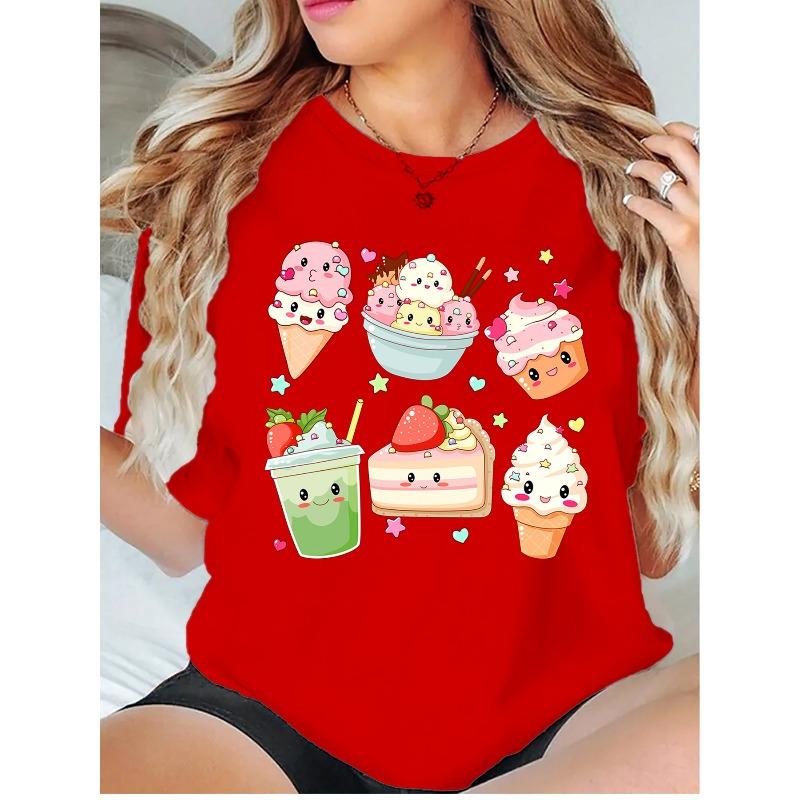 New Spring and Summer Round Neck Hoodie T-shirt Cute Dessert Cartoon Printed Pattern Round Neck Hoodie Women's T-shirt