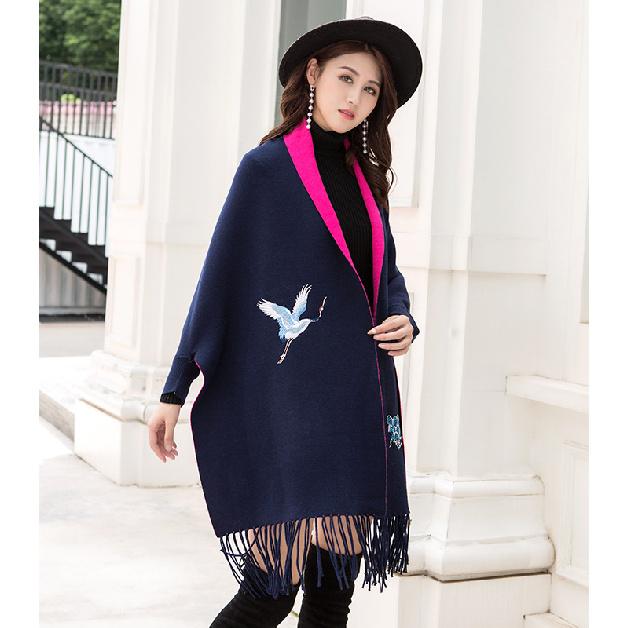 Women's cape shawl with sleeves for autumn and winter, thickened and warm, cashmere embroidered scarf, knitted cape, dual-use coat