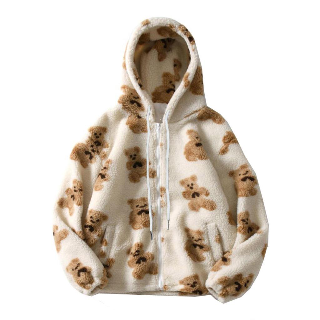 Herbst Winter Damen Mit Kapuze Plüsch Bär Gedruckt Cartoon Pullover Damen Winter Warme Jacke Fleece Jacke