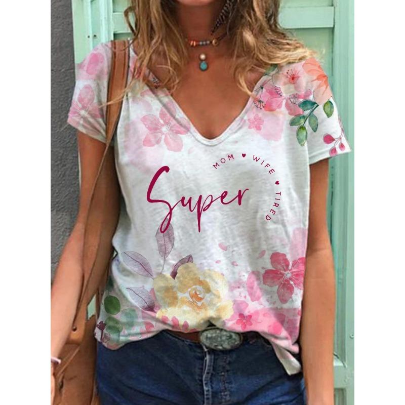Summer V-neck 3D Mother's Day Alphabet Flower Printed Top Fashionable Casual Short Sleeved Women's T-shirts