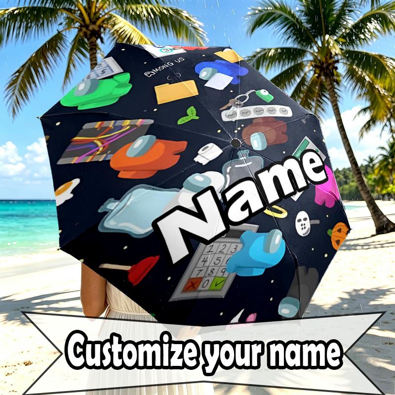 Custom Name Personalized Among Us Print Umbrella, Auto Open Close, 8‑Rib Sturdy Frame, Commute Camping Hiking Use, Birthday Gift