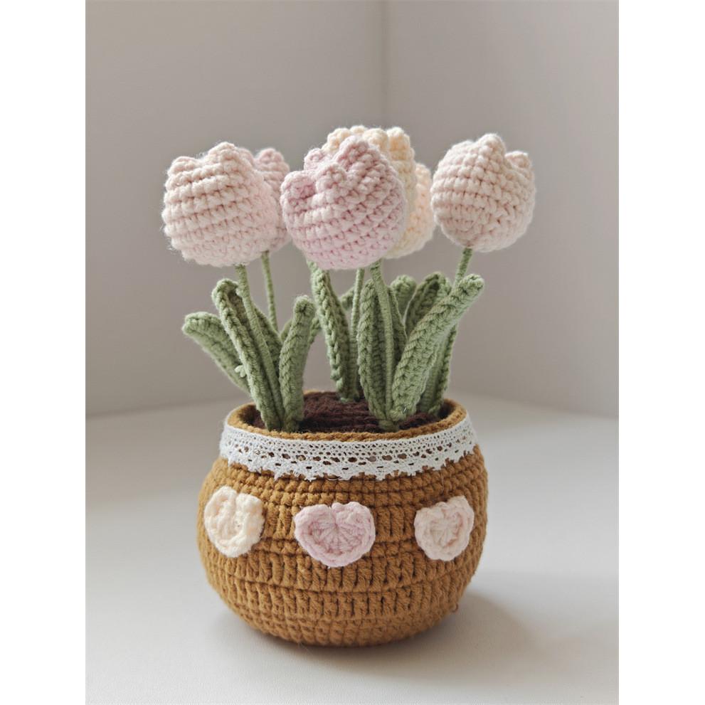 Handcrafted Crochet Tulips In Pot Dashboard Ornament Everlasting Fabric Flowers Bonsai Arrangement Vehicle Decor Accessory Handmade Yarn Potted