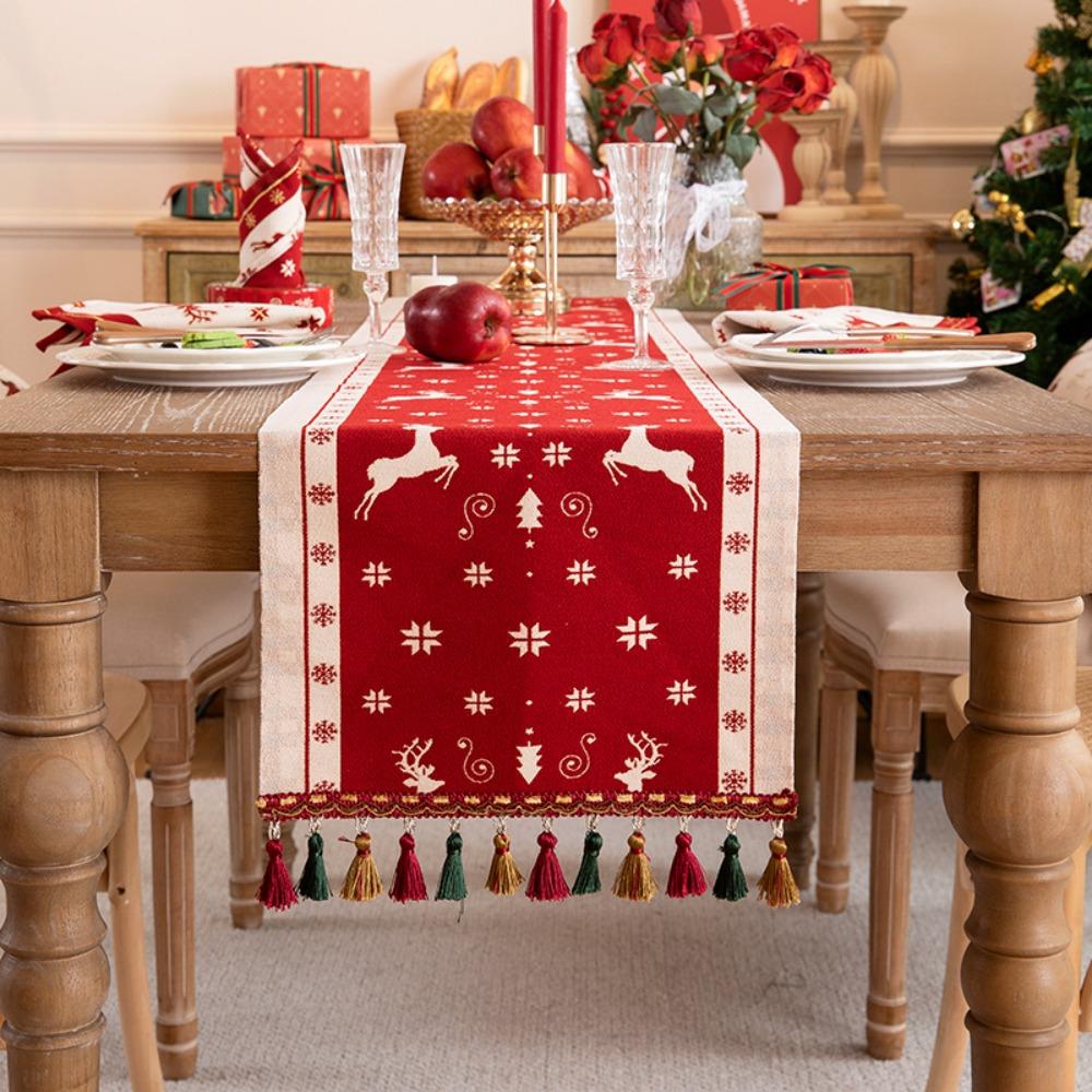

Красная Рождественская Скатерть-дорожка Тканый Жаккард Рождественская Елка Праздничная Флаг на Конец Кровати Комод Кофейный Столик Накидка 35X140