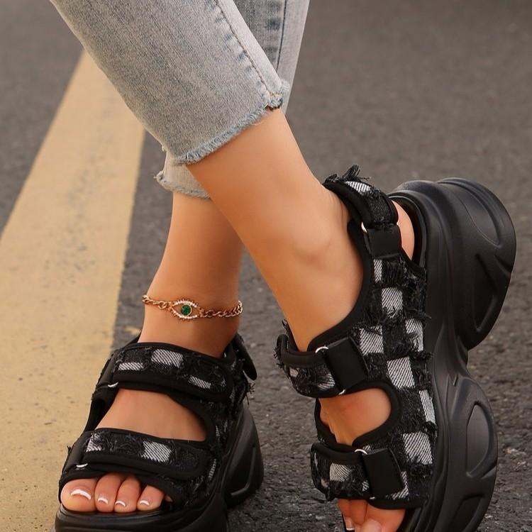 European and American New Sandals Muffin Velcro Large Size Foreign Trade Platform Sandals Denim Women's Shoes
