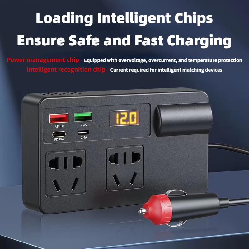 Intelligenter 4-Port-Auto-Wechselrichter mit QC3.0, Typ-C PD und LED-Anzeige – Universelles 12–24-V-Fahrzeugladegerät