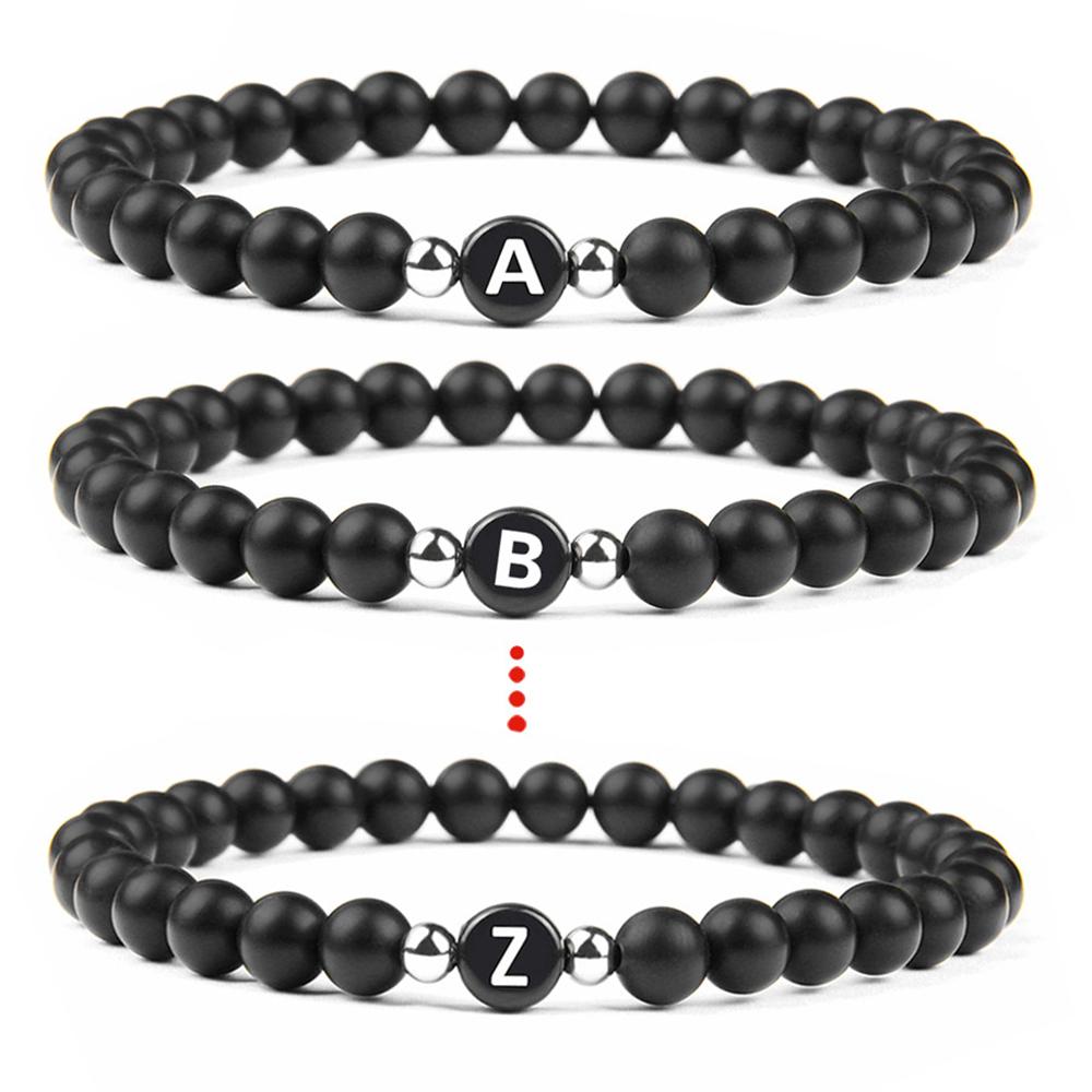 6mm 26 Písmen Náramek Unisex Černý Matný Kámen Korálkový Náramek Ručně Vyráběný DIY Náramek pro Ženy Muže Páry Dárky k Přátelství