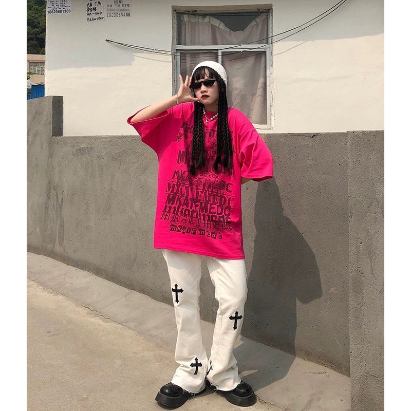 

New Loose Rose Red Top Print Short Sleeve T-shirt Rose (Heavy weight 220g) XL