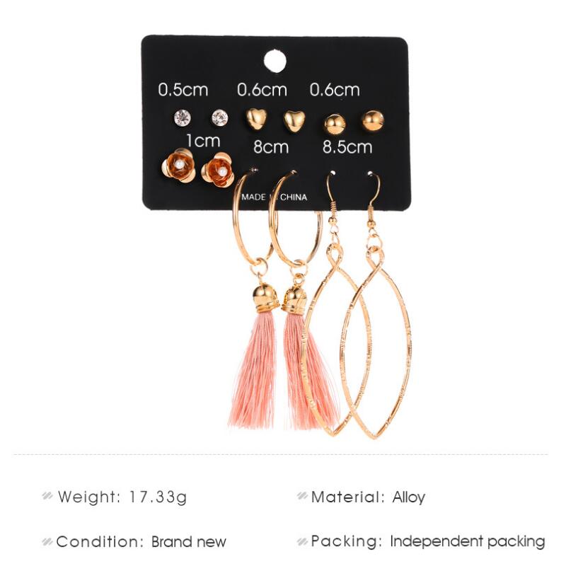 6 Pairs Women Fashion Style Love Shape Rose Tassel Earrings Suit