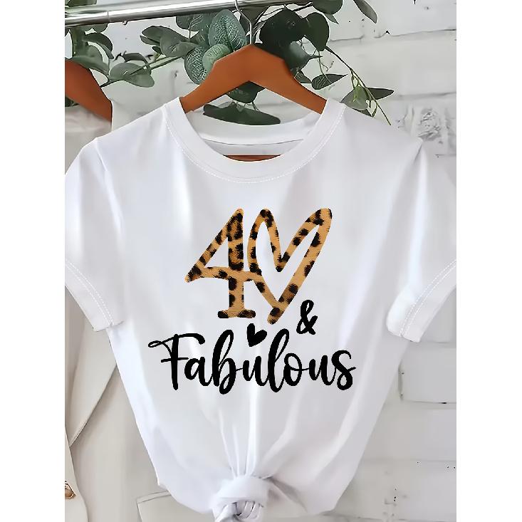 Leopard print lucky number 40 Heart printed short sleeve shirt Birthday commemorative women s casual top Lucky Number and Letter Print Soft and S белый