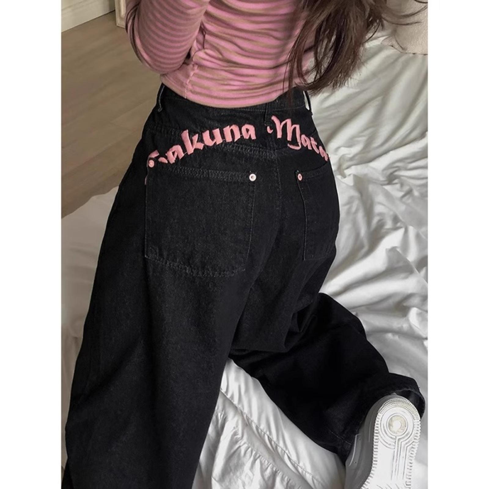 

Back-Stitched Letter Print Denim Pants For Women Spring Sweet & Edgy High-Waisted Slimming Wide-Leg Straight-Leg Long Pants L чёрный