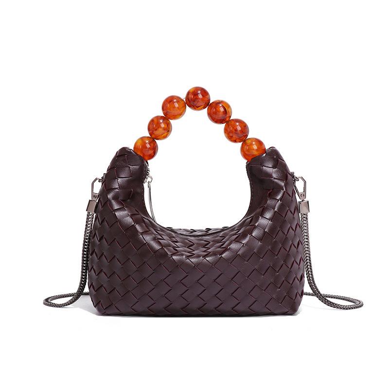 High-quality, Fully Hand-woven Soft Leather Lunch Box Bag for Women, Simple Style Pearl Hand-held Shoulder Crossbody Bag