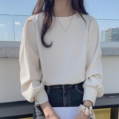 Frühlings-Sweatshirt im koreanischen Stil mit weiten Laternenärmeln - Damen Langarm T-Shirt einfarbig