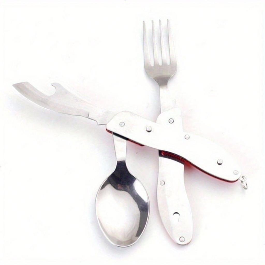 Couverts Multifonction 4 en 1 pour Extérieur Fourchette/Cuillère/Couteau/Ouvre-Bouteille, Kits de Poche Pliants en Acier Inoxydable pour Camping Randonnée Survie Voyage