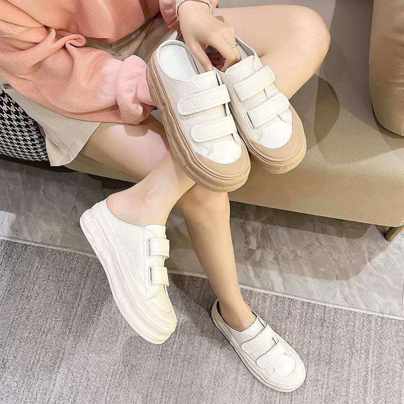 Half Slippers Women's Outer Wear Summer New Models Without Heel Dissolving Shoes Genuine Leather One Pedal White Shoes Bag Head Half Tray
