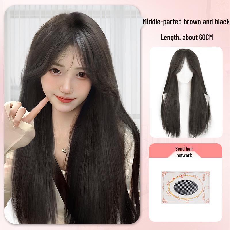 Long Straight Black Wig Set: Natural Hair, Full Head, Fashionable & Age-Reducing.