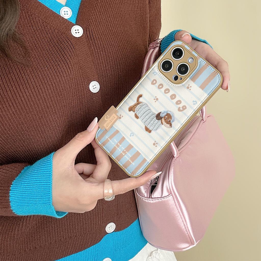 Cartoon Embroidery Puppy Apple 17promax Mobile Phone Case New iPhone16 Women's Autumn and Winter Drum Bag Anti-drop