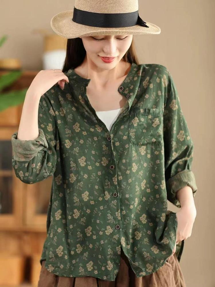 Vintage Floral Print Chinese Style Shirt Loose Long Sleeves Single Breasted Autumn Fashion Women Blouse