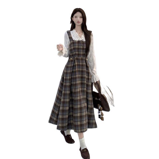 Women's Plus Size Plaid Patchwork Lace-Up A-Line Dress with Waist-Cinched Skirt