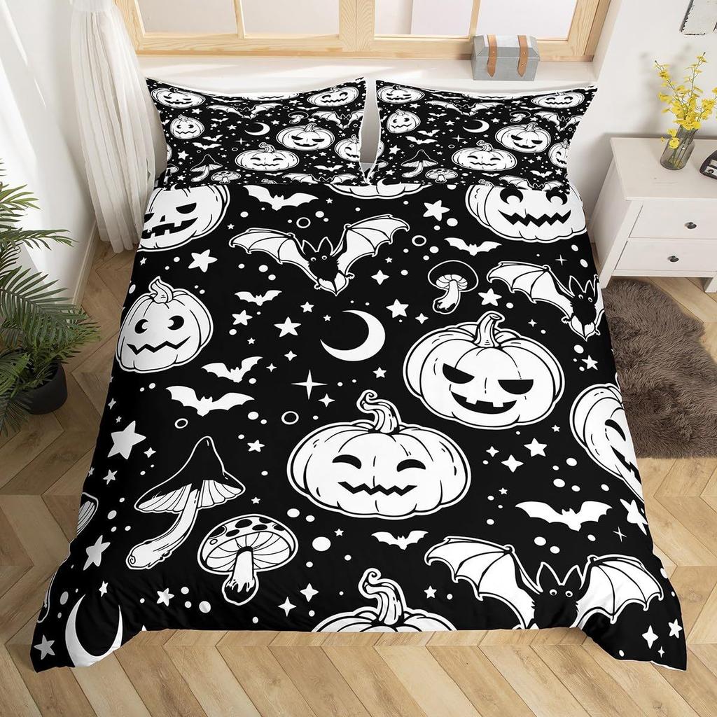 Dark Night Halloween Moon Bat 3D Printed Bedding Set Cozy Soft Duvet Cover Set King Queen Twin Size Halloween Gift Bedroom Decor