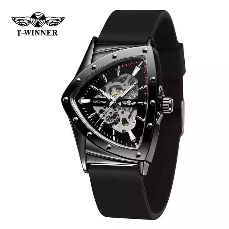 Mens Fashion Casual Automatic Mechanical Watch With Hollow Triangle Dial Heart Shape Stainless Steel Buckle