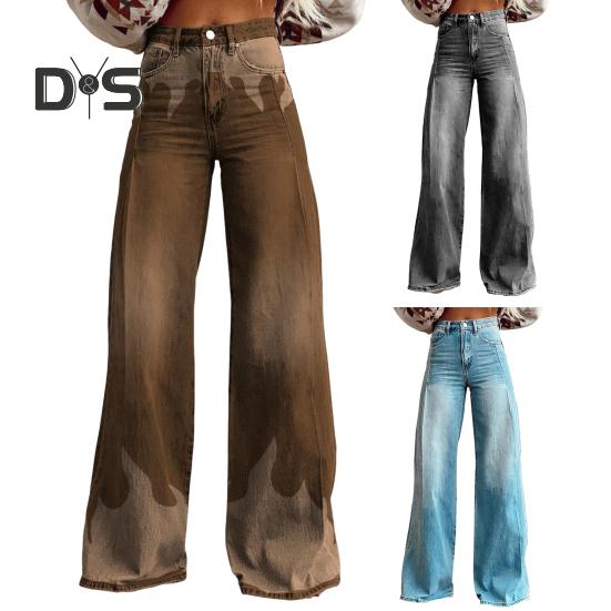 Pantalon large taille haute pour femme, imprimé 3D, décontracté, avec poches, fermeture éclair et boutons, en denim