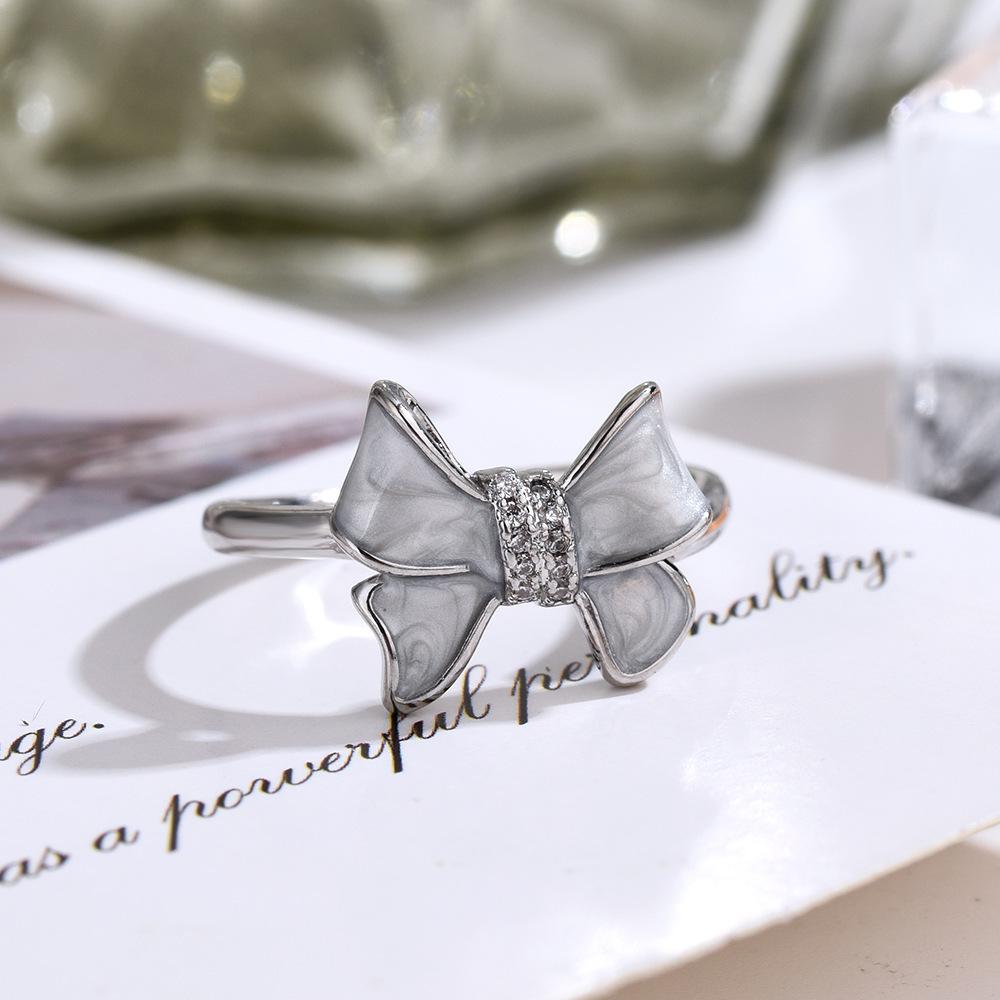Japanese and Korean Ins Simple Bow Inlaid with Zircon Three-piece Set Ring Stud Earrings Pendant Necklace