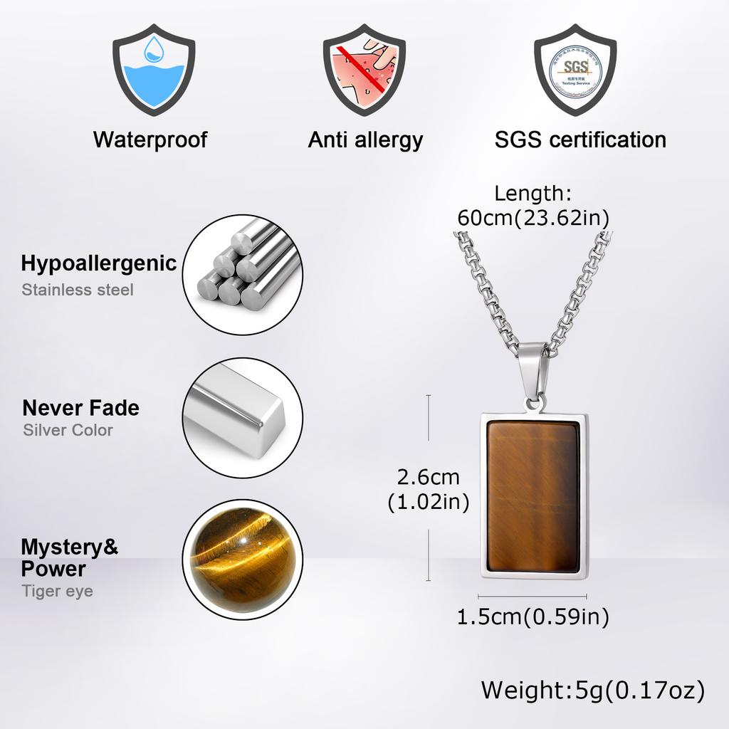 Men's Geometric Natural Stone Pendant Necklace, Vintage Square Tiger Eye Collar Necklace, Fashion Casual Jewelry for Men