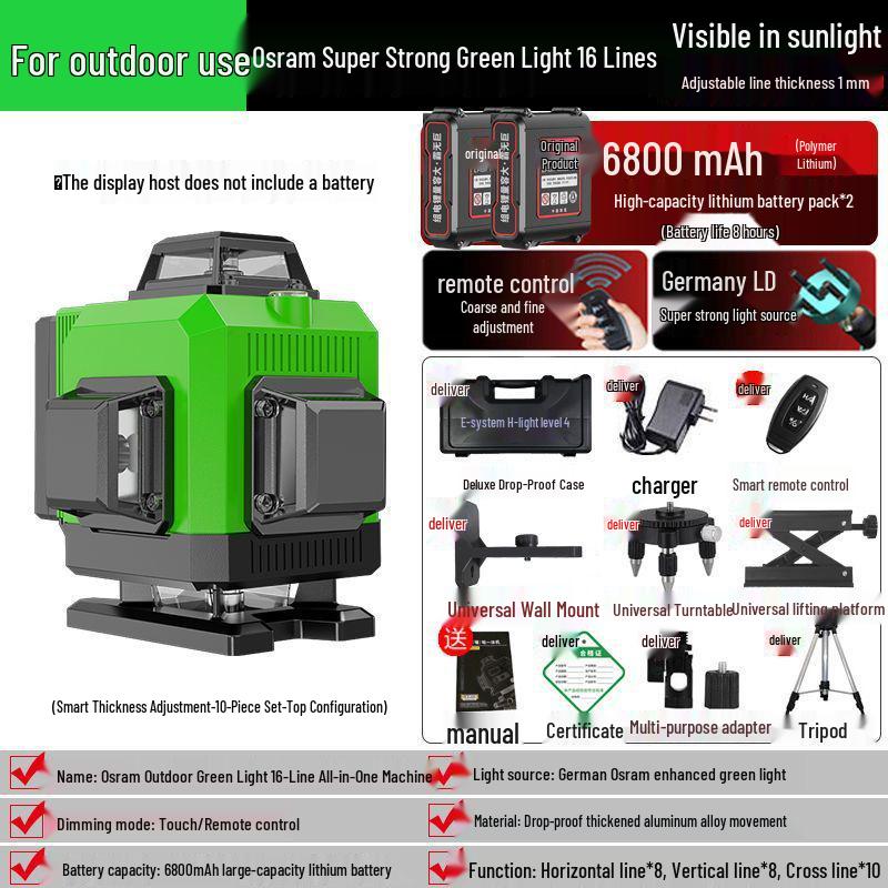 16-Line High-Precision Integrated Laser Level with Infrared & Green Light for Wall & Floor