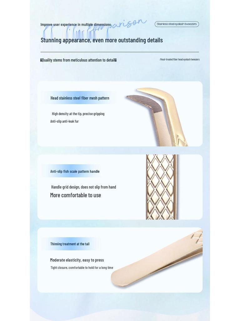 Golden Feather Stainless Steel Lash Tweezers with Net Grip for Precision Eyelash Application