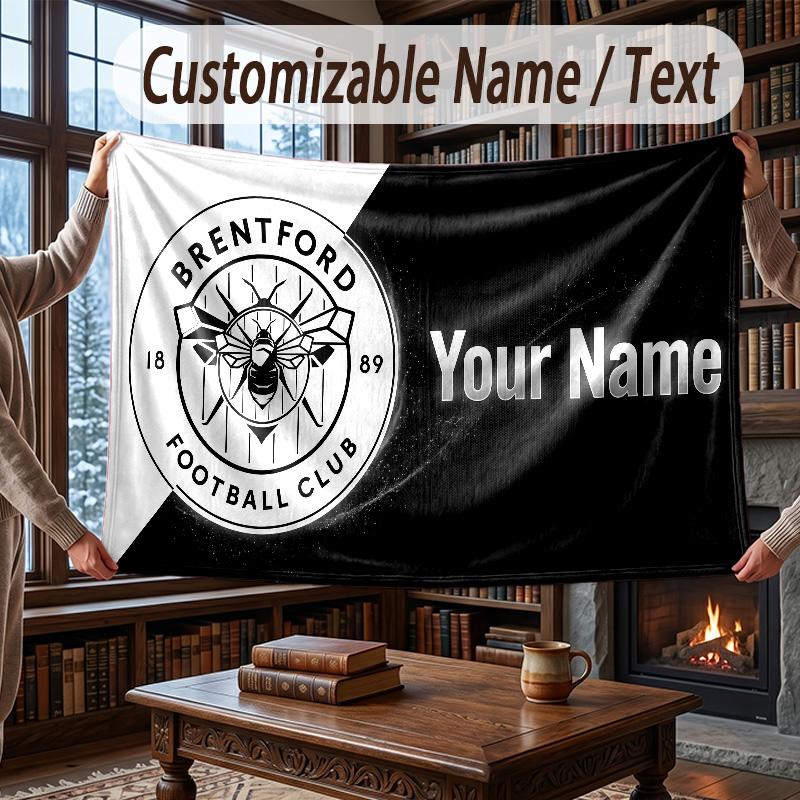 Custom Name Flannel Throw Blanket Brentford Football Pattern Warm Home Decoration