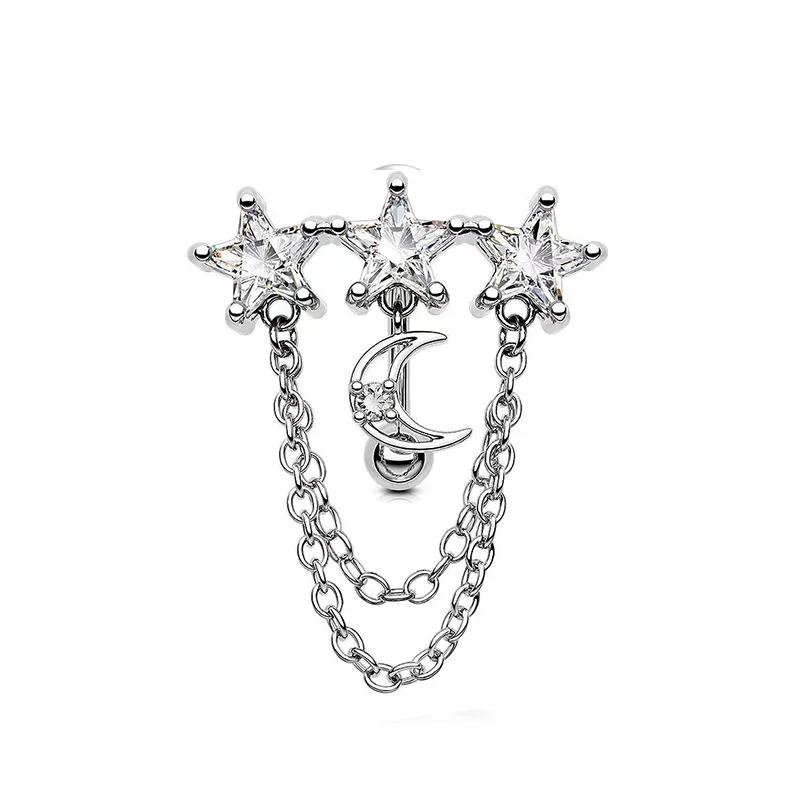 

1 шт. женщина с пирсингом пупка из нержавеющей стали с дизайном звезд и луны и винтажным перфорированным гвоздиком для пупка, носящая украшение Skeleton&Navel & Bell Button Rings&Body