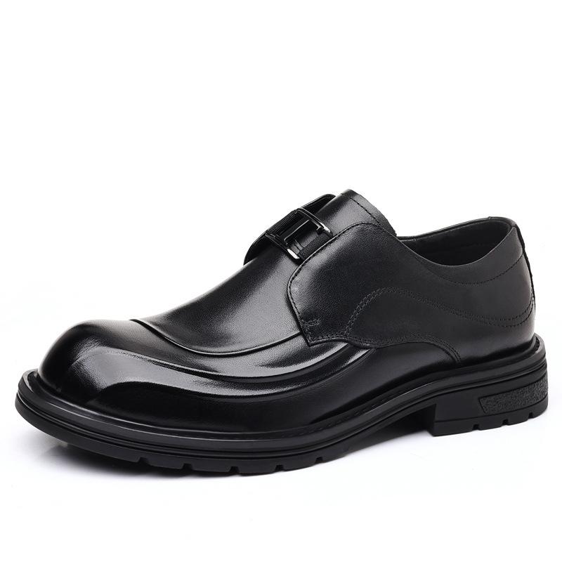 New Men's Top Layer Cowhide Business Leather Shoes Big Head Thick Sole Leather Casual Men's Shoes Trendy Lace Up Single Shoes