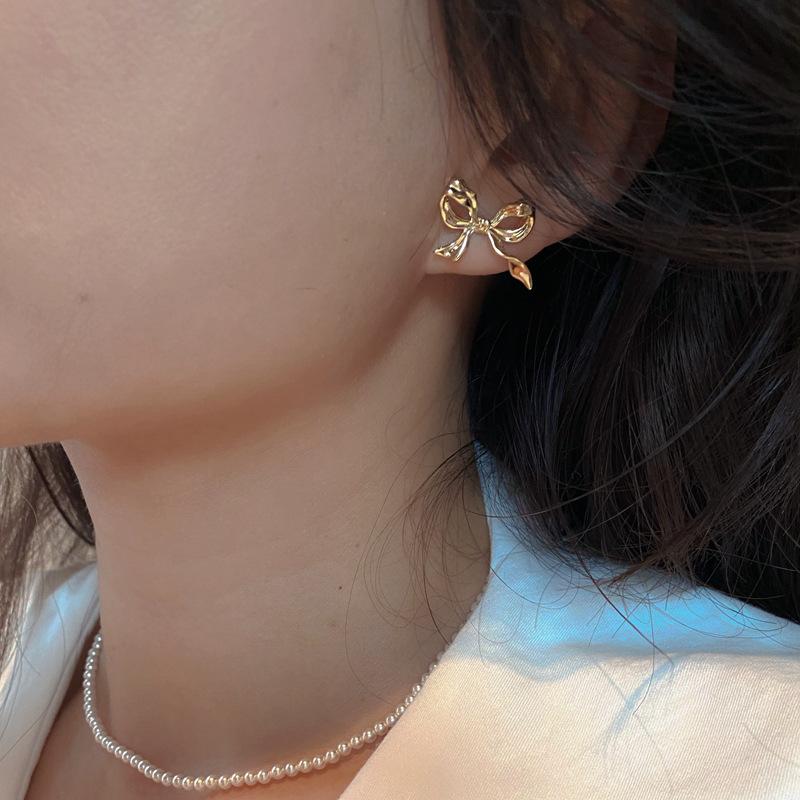 Stud Earrings Bow Japanese and Korean Earrings New Year Style Trendy and High-end Light Luxury Women's Style