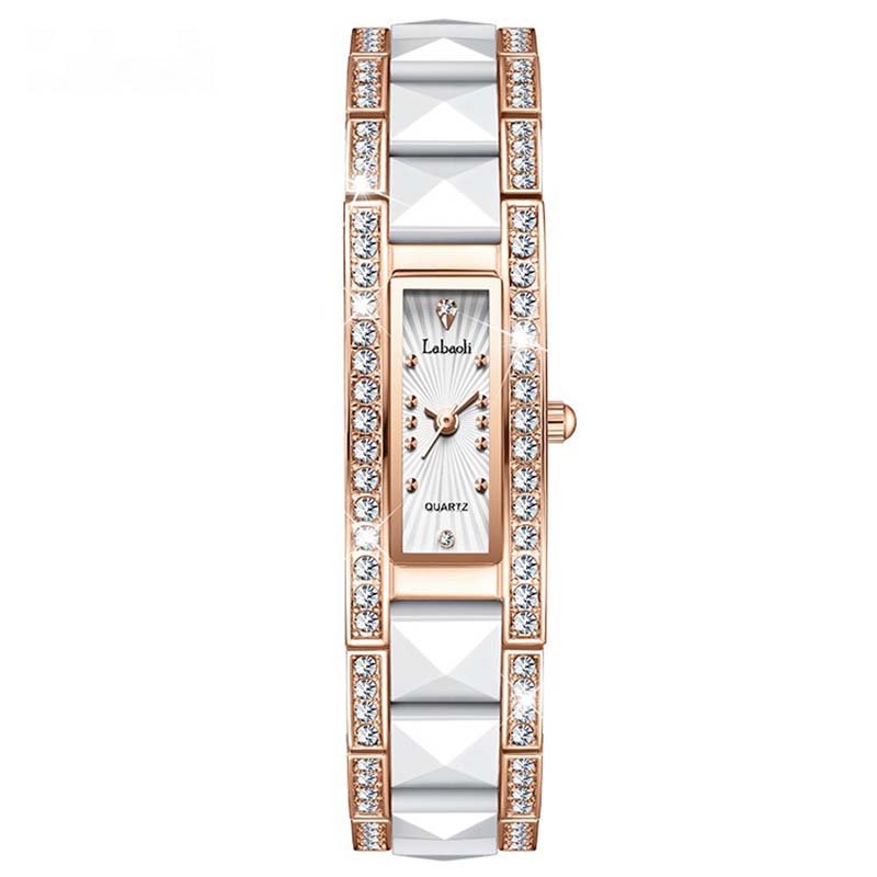 

Luxury And Fashionable Women S Watch: Ceramic-Style Alloy Bracelet, Square Diamond-Studded Women S Watch