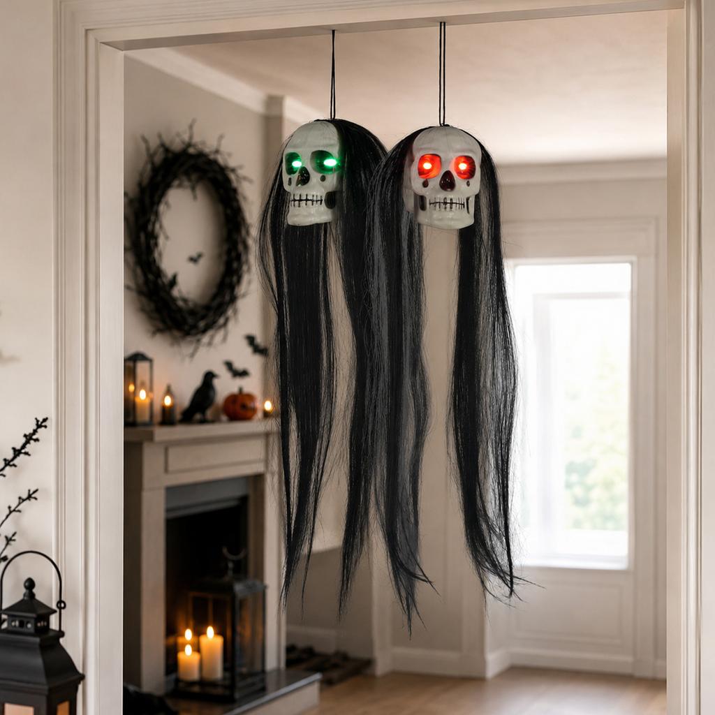 Halloween Hanging Skull Decoration with Long Hair and Light-Up Eyes for Indoor Outdoor Party Haunted House Scene Setup Prop