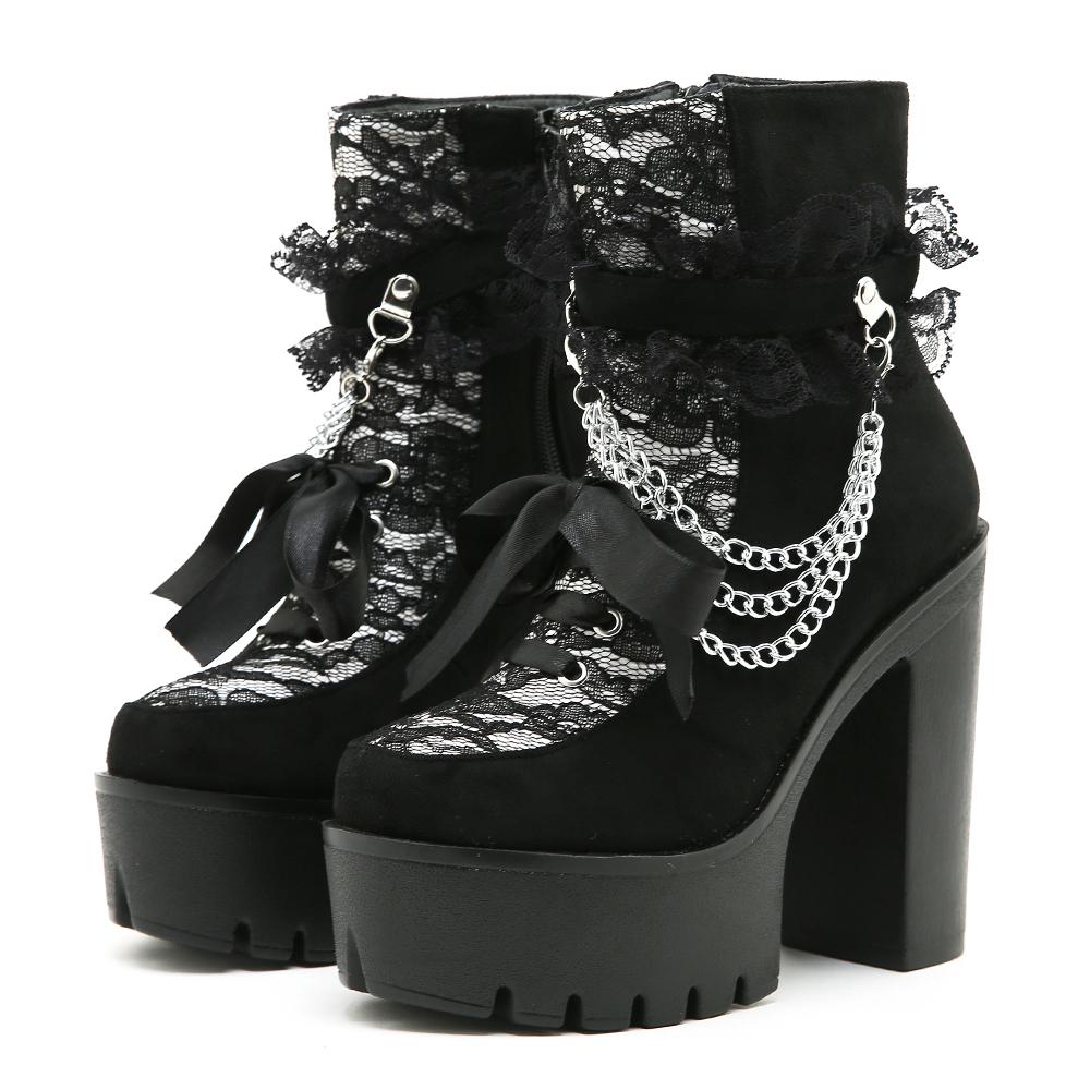 

Gdgydh Готические винтажные кружевные ботильоны для женщин с цветочным узором, на массивном каблуке и платформе, с цепочкой, для платья, для улицы 39 чёрный