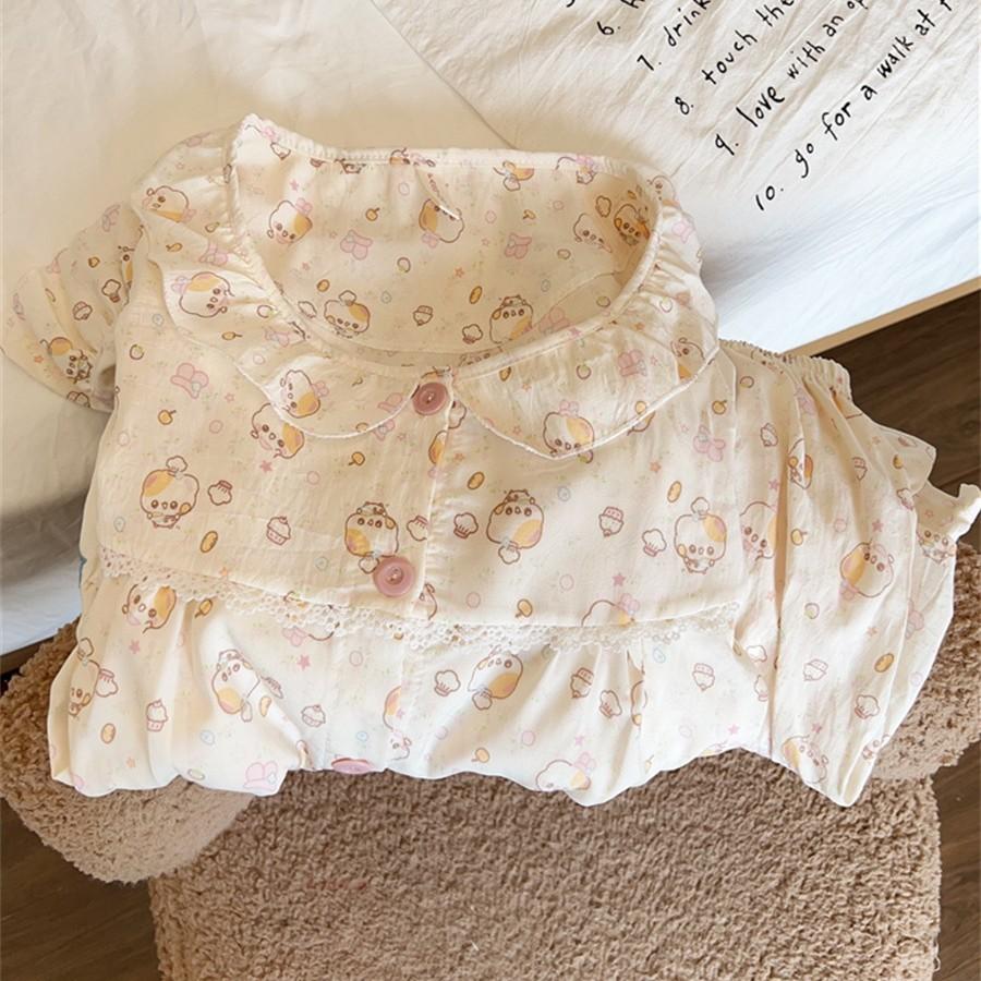 

Japanese ins style sweet print blooming bear pajamas women s summer short-sleeved shorts two-piece set soft cute loungewear S