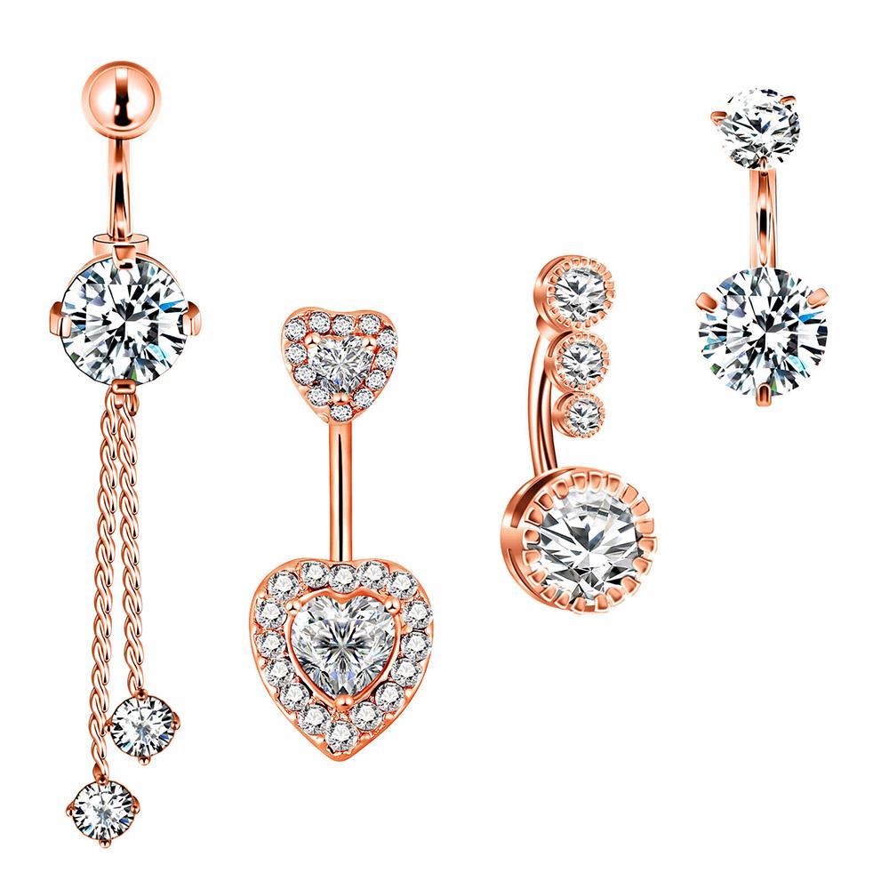 3-4pcs/lot Gold Color Crystals Zircon Belly Button Rings 14G Curved Stainless Steel Heart Wing Tassel Belly Navel Piercing Sets