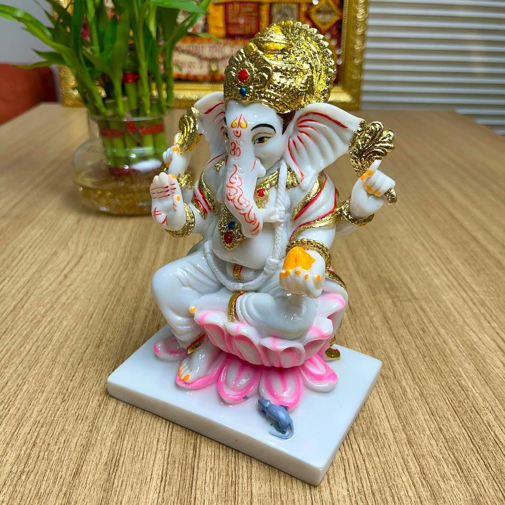 Handmade Marble Dust Lord Ganesha On Lotus 7 Inch for Diwali Flower God Idol Art Figurine for Home Car Dashboard Ganpati Murti Temple Pooja Decorative